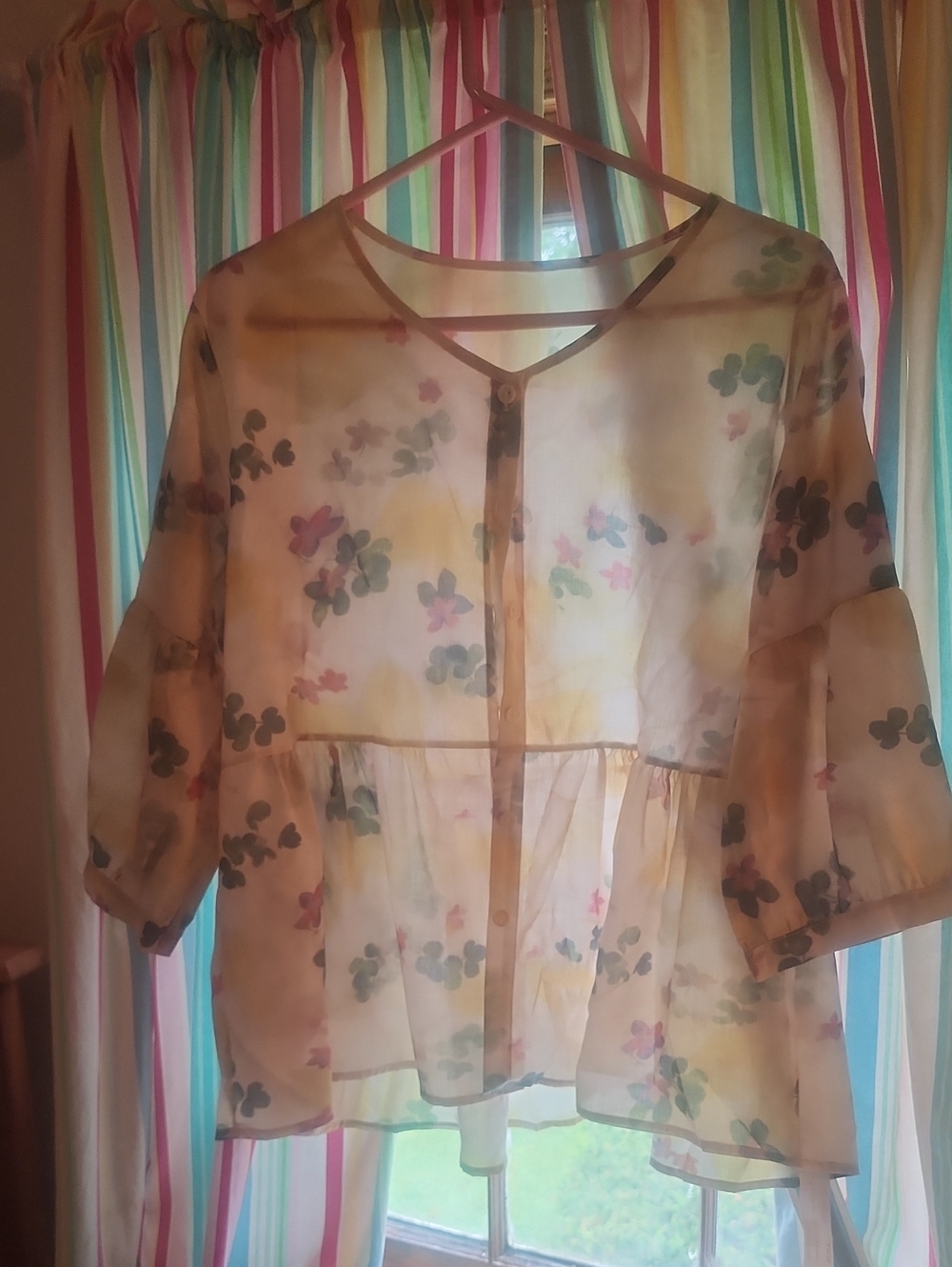 Sheer Floral Peplum Button-Front Top - Cream Multi